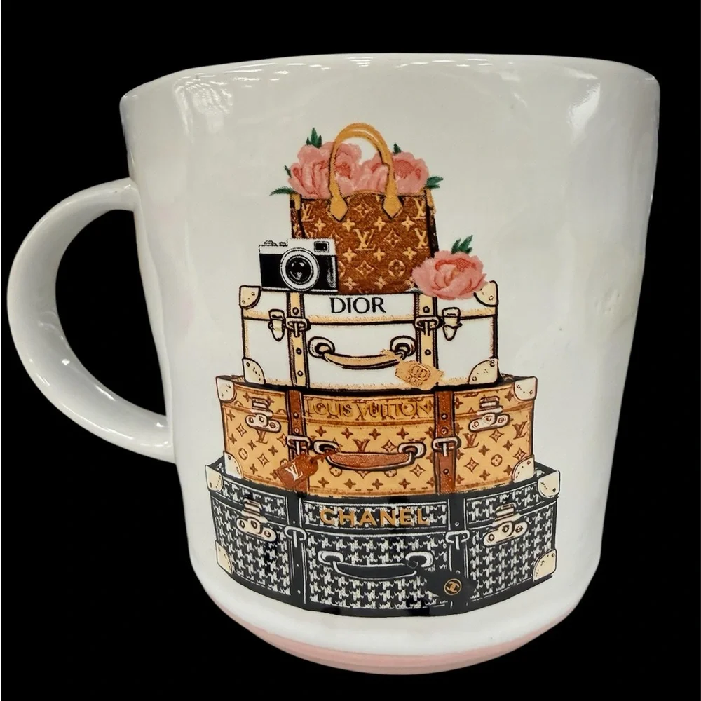 Designer Travel Themed Stacked Luggage with Luxury Logos Mug, LV, Chanel & Dior - Picture 1 of 4